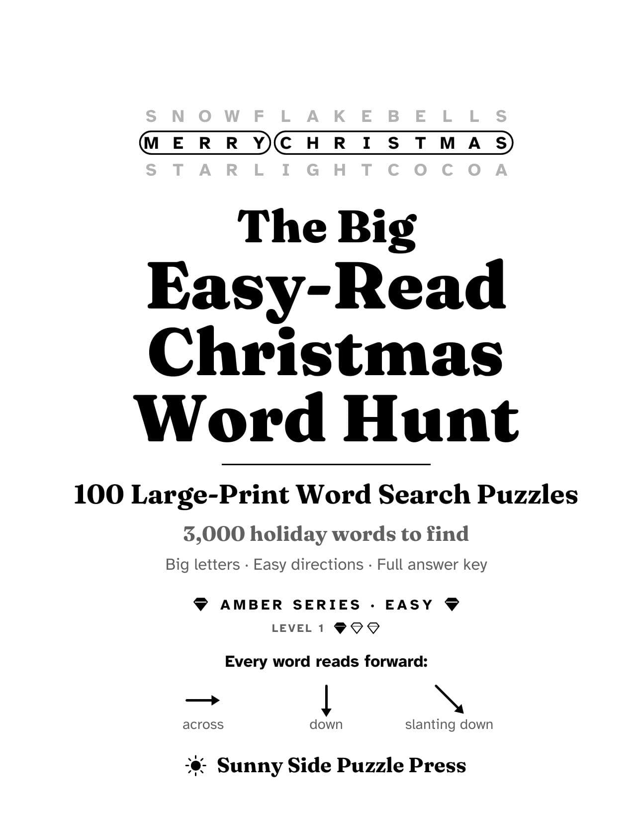 Title page of The Big Easy-Read Christmas Word Hunt: 100 Large-Print Word Search Puzzles, 3,000 holiday words to find, Amber Series, Easy, Level 1.