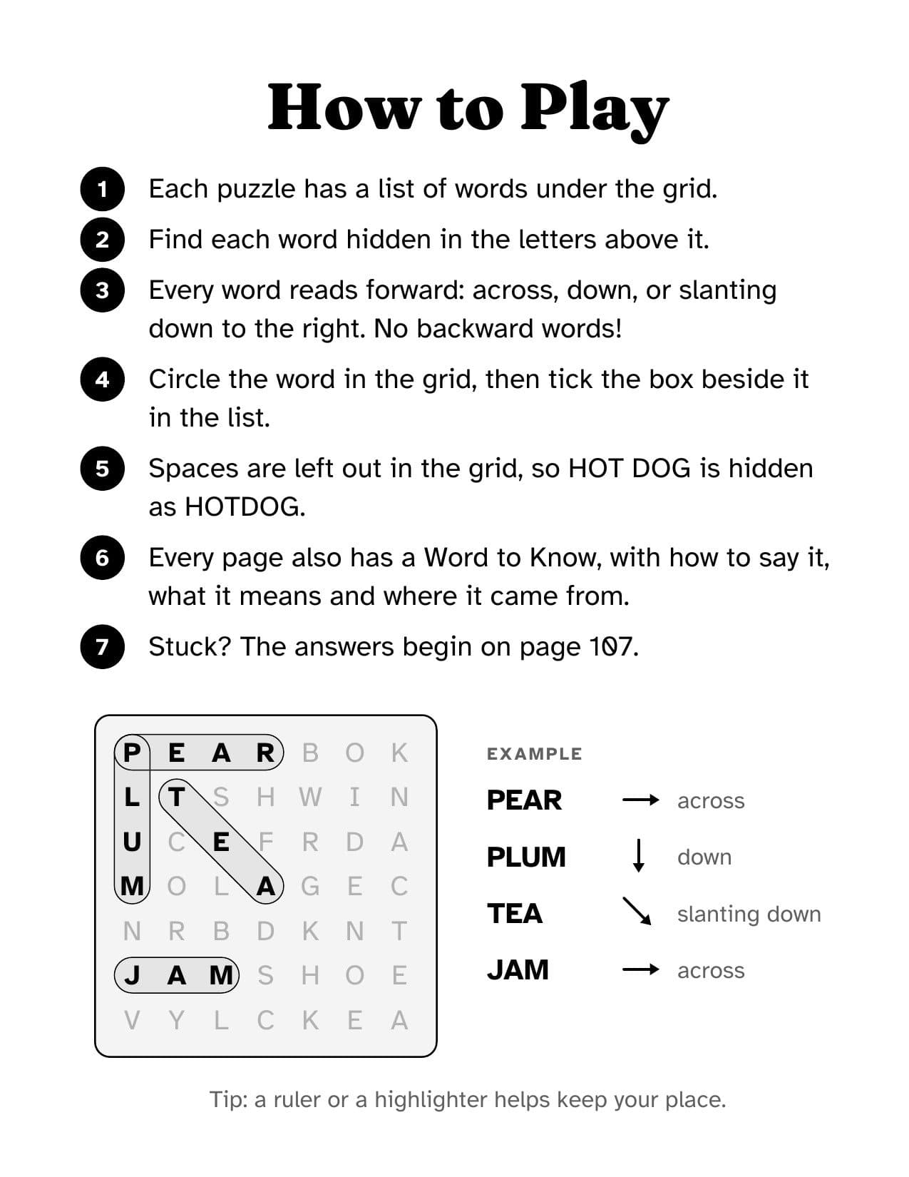 How to Play page with seven numbered steps, one of them about the Word to Know on every page, and a worked example grid showing PEAR across, PLUM down, TEA slanting down and JAM across, each circled.