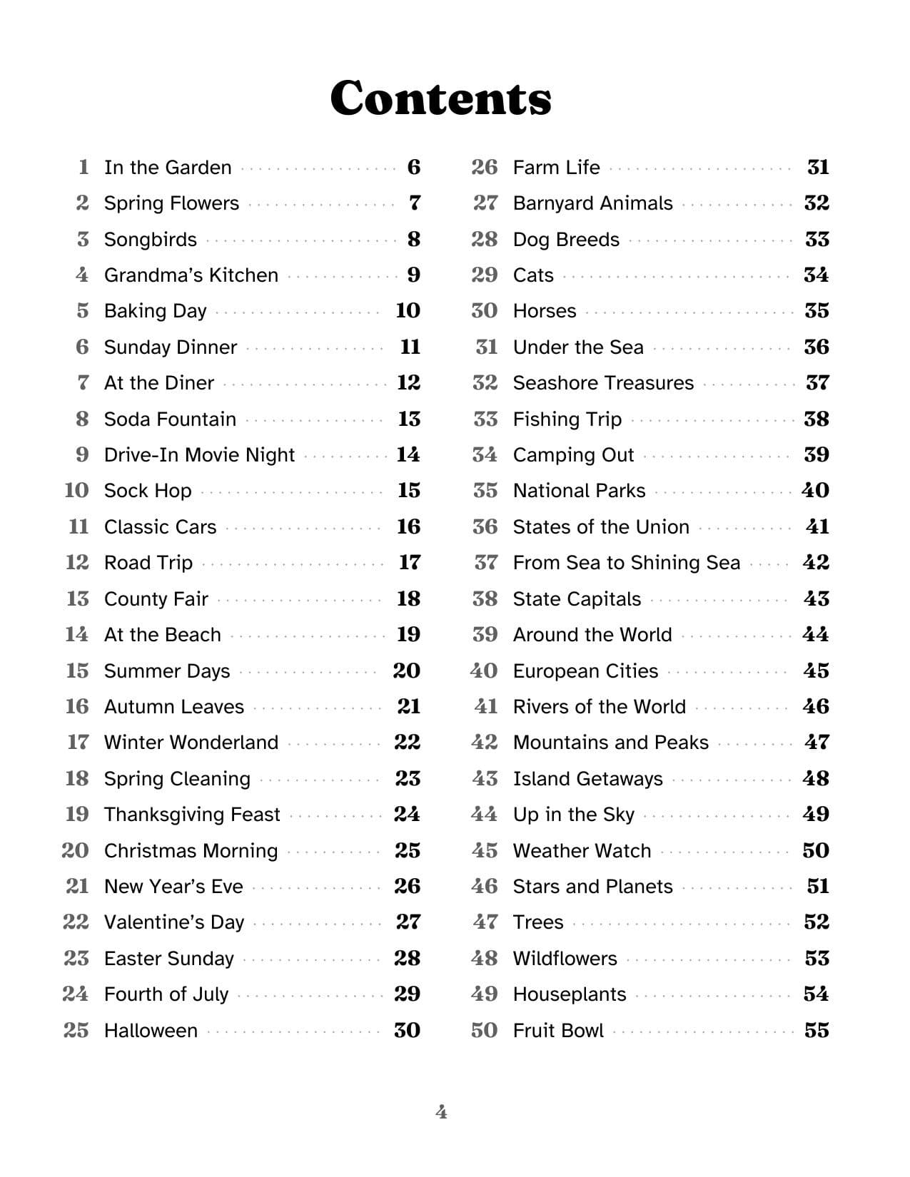 Contents page listing puzzles 1 to 50, from In the Garden to Fruit Bowl.