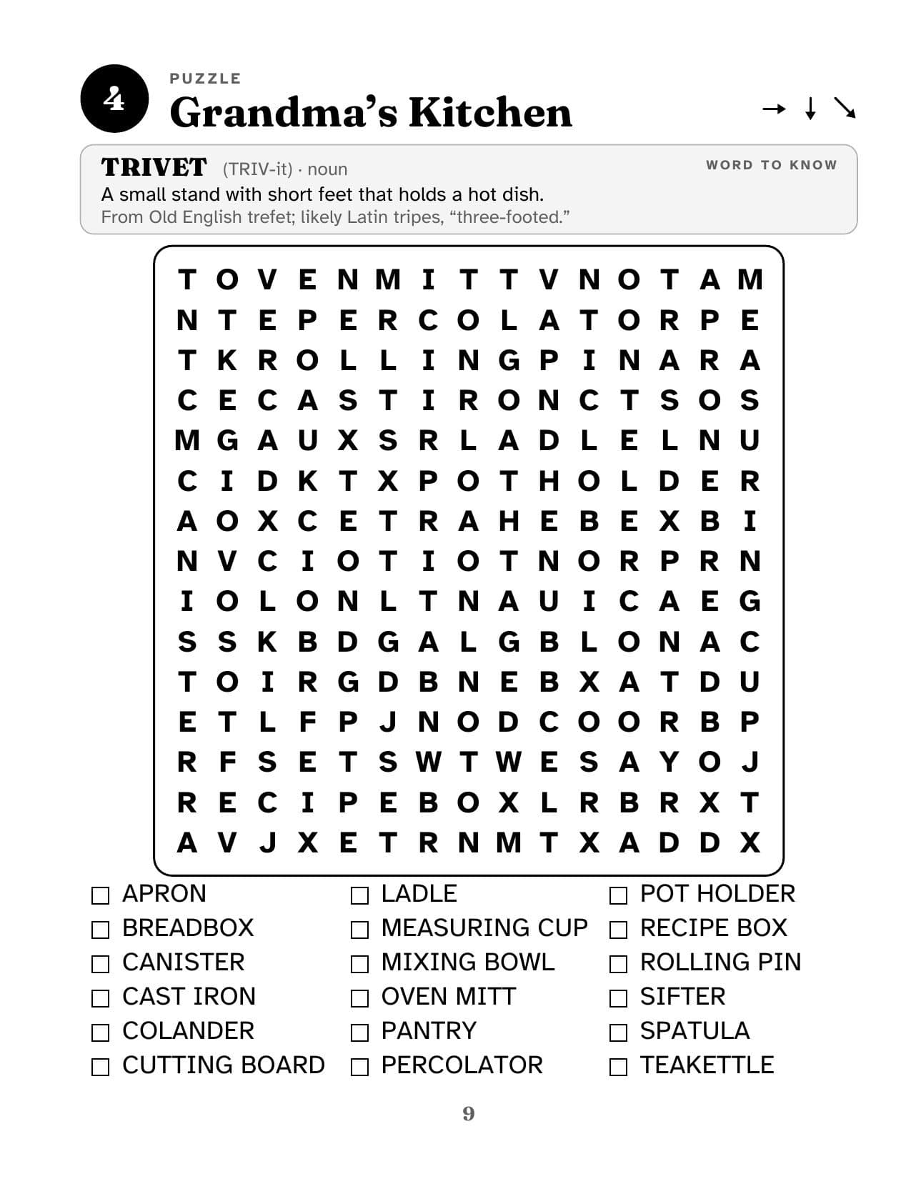 Puzzle 4, Grandma's Kitchen, from The Big Easy-Read Word Hunt: a Word to Know card for TRIVET above a large-print word search grid.