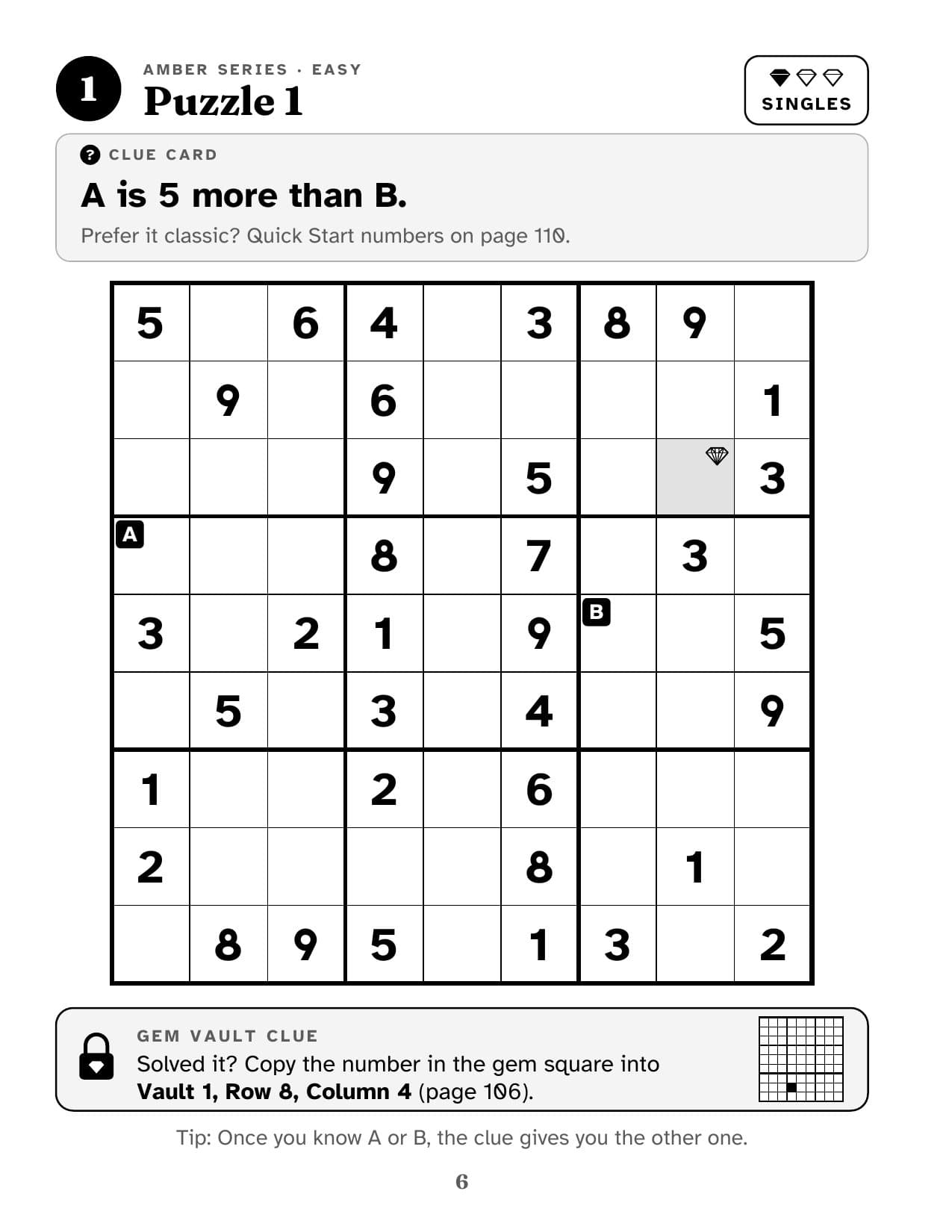 Puzzle 1 from The Big Easy-Read Sudoku Amber: a Clue Card that reads A is 5 more than B, above a large sudoku grid with lettered squares A and B.