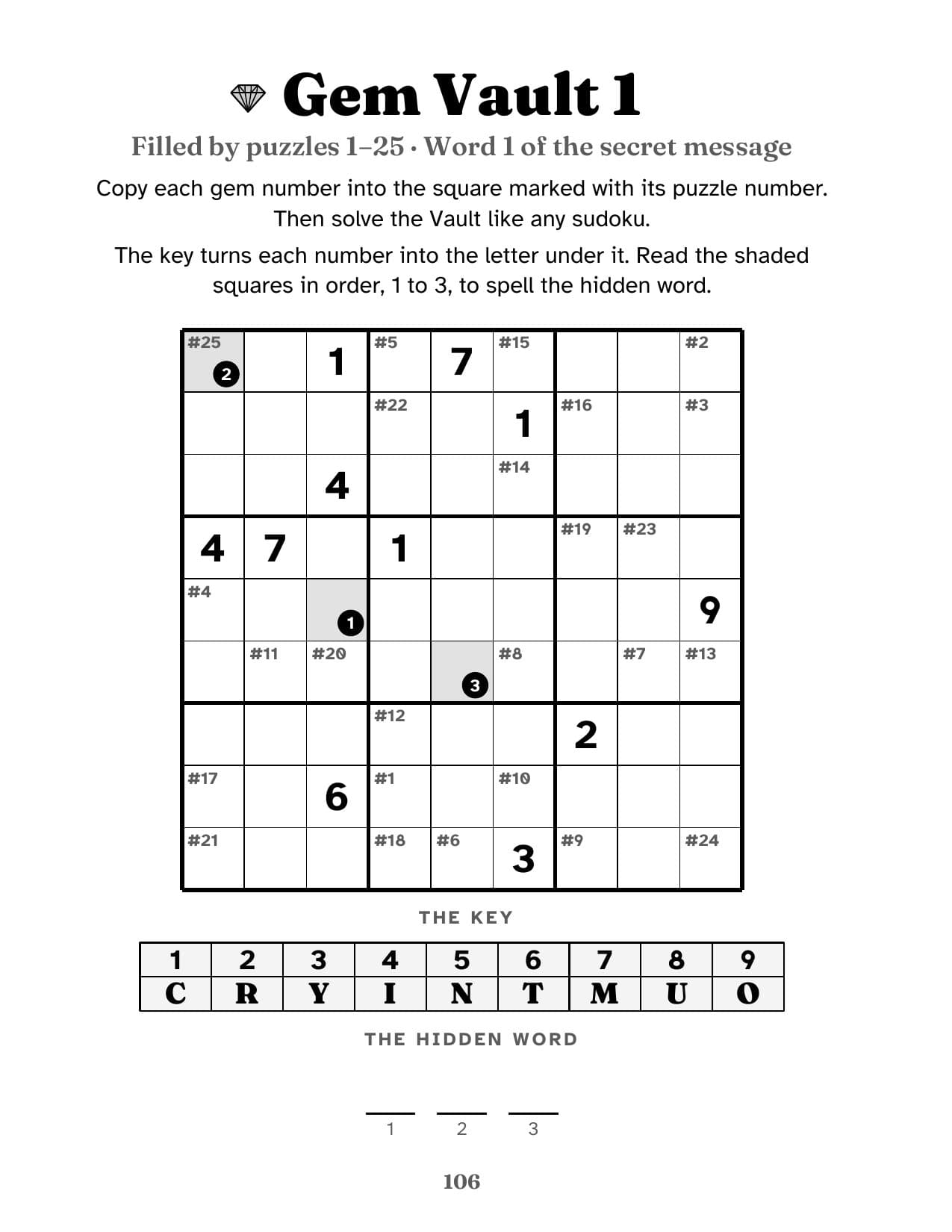 Gem Vault 1: a sudoku grid with a few printed numbers and small puzzle-number labels, a key of nine numbers and letters, and blanks for the hidden word.