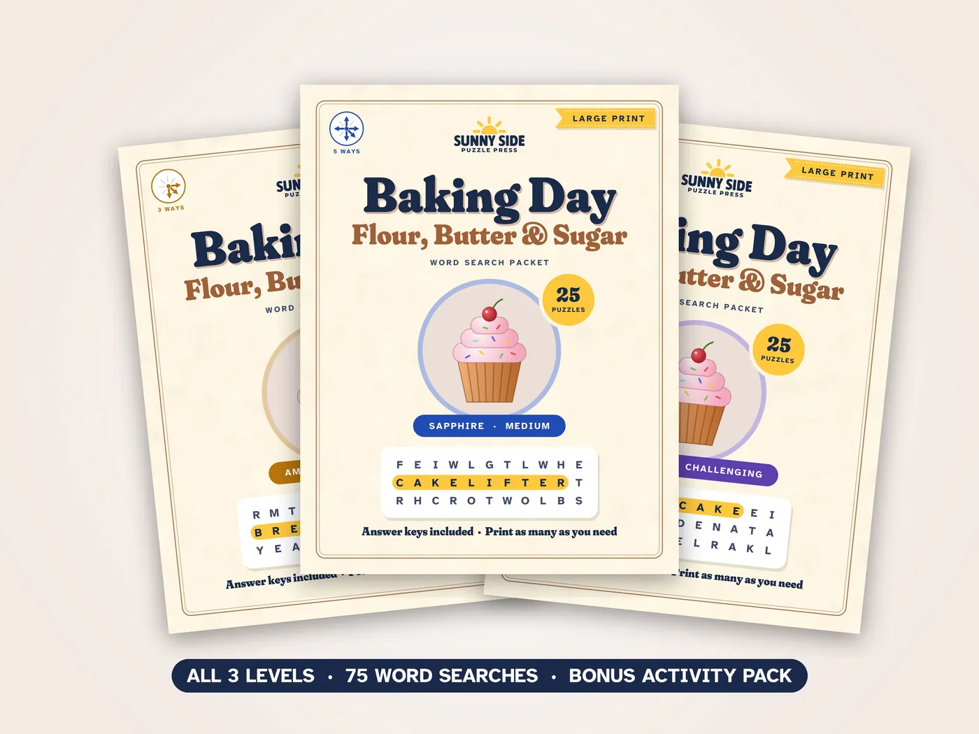 The three Baking Day packets, Amber, Sapphire and Diamond, side by side.