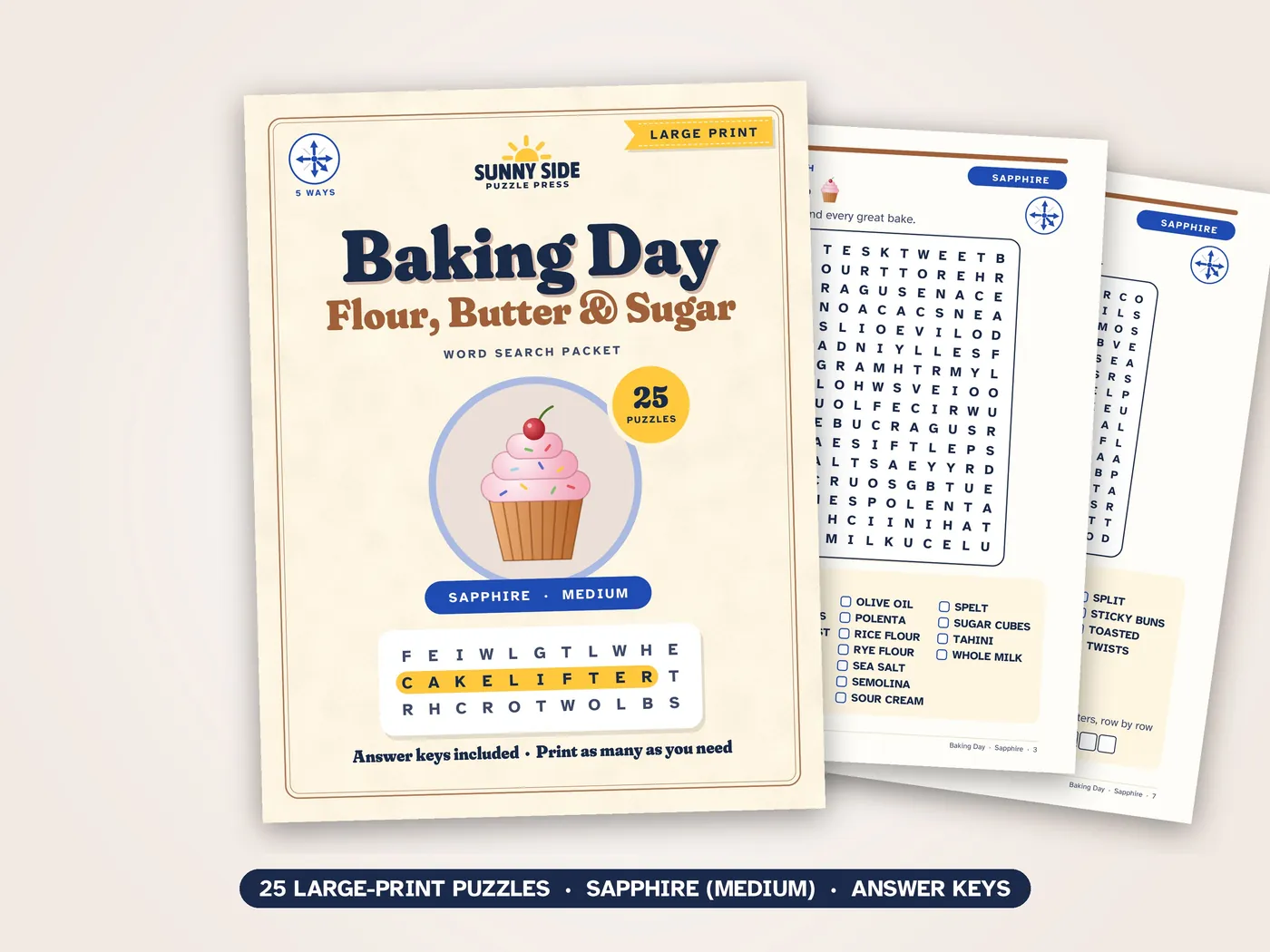 The Baking Day packet, Sapphire level: its cover and two of its puzzle pages.