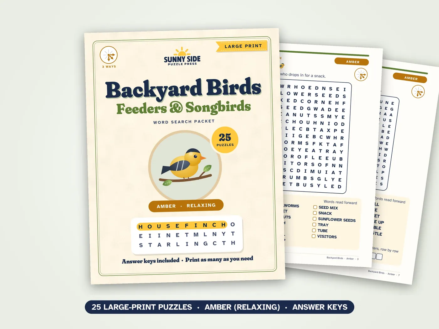 The Backyard Birds packet, Amber level: its cover and two of its puzzle pages.