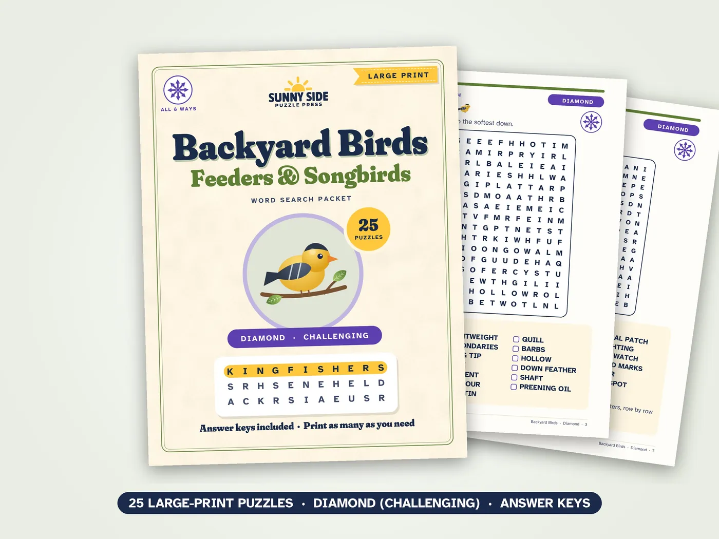 The Backyard Birds packet, Diamond level: its cover and two of its puzzle pages.