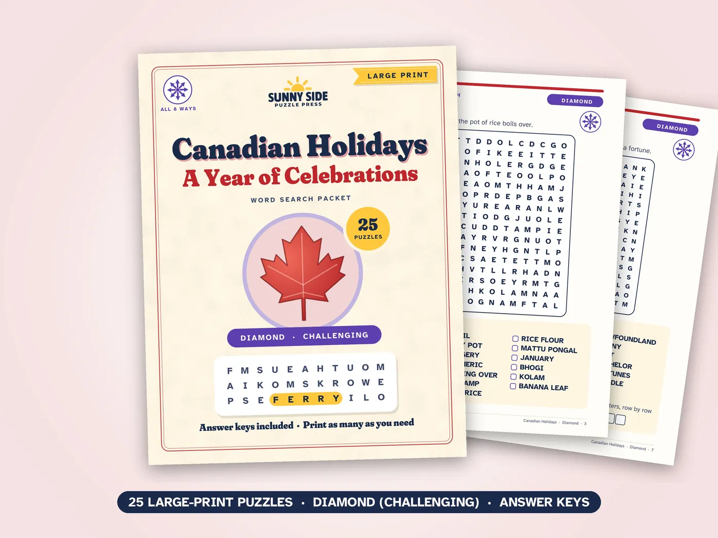 The Canadian Holidays packet, Diamond level: its cover and two of its puzzle pages.