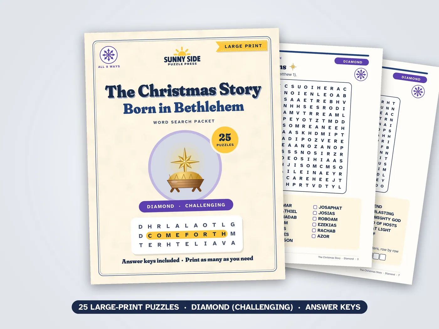The Christmas Story packet, Diamond level: its cover and two of its puzzle pages.