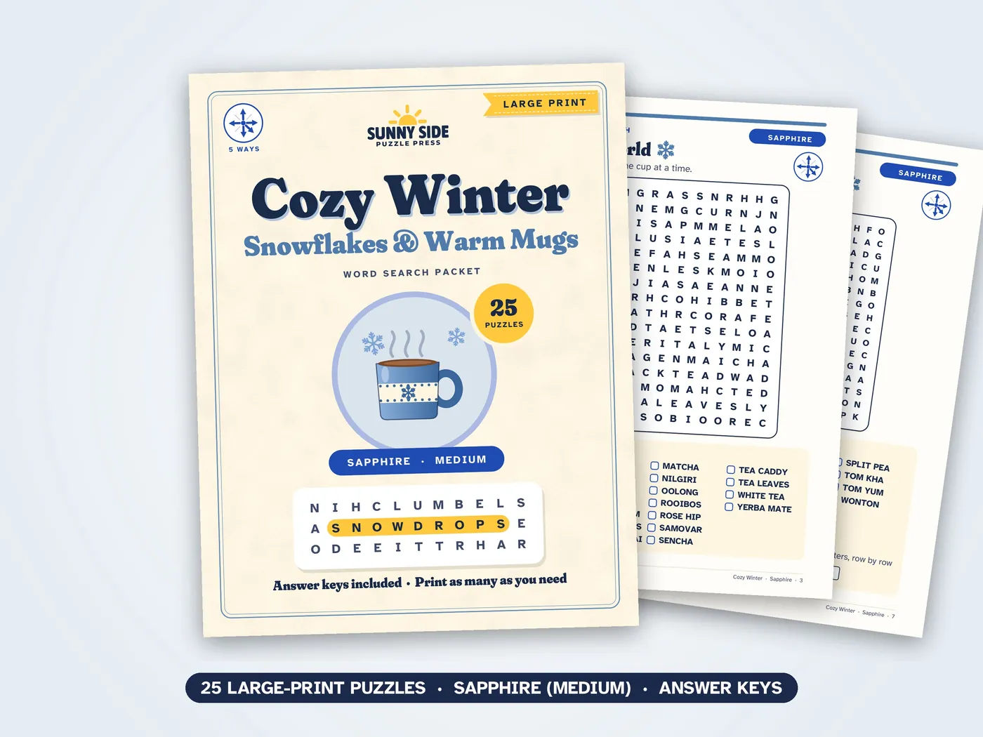 The Cozy Winter packet, Sapphire level: its cover and two of its puzzle pages.