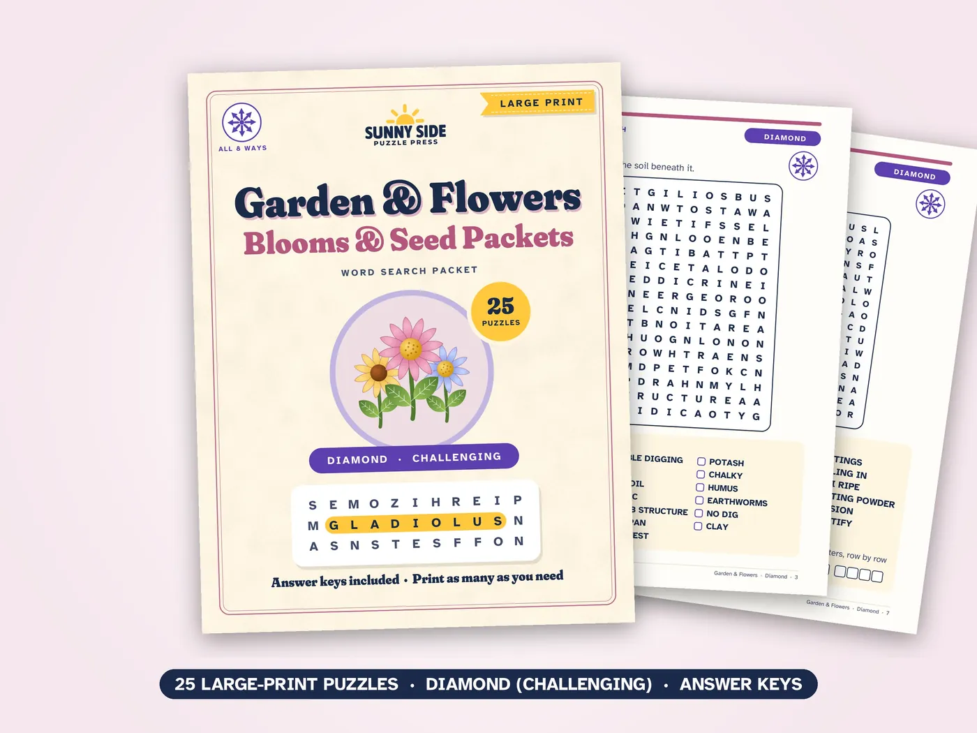 The Garden & Flowers packet, Diamond level: its cover and two of its puzzle pages.