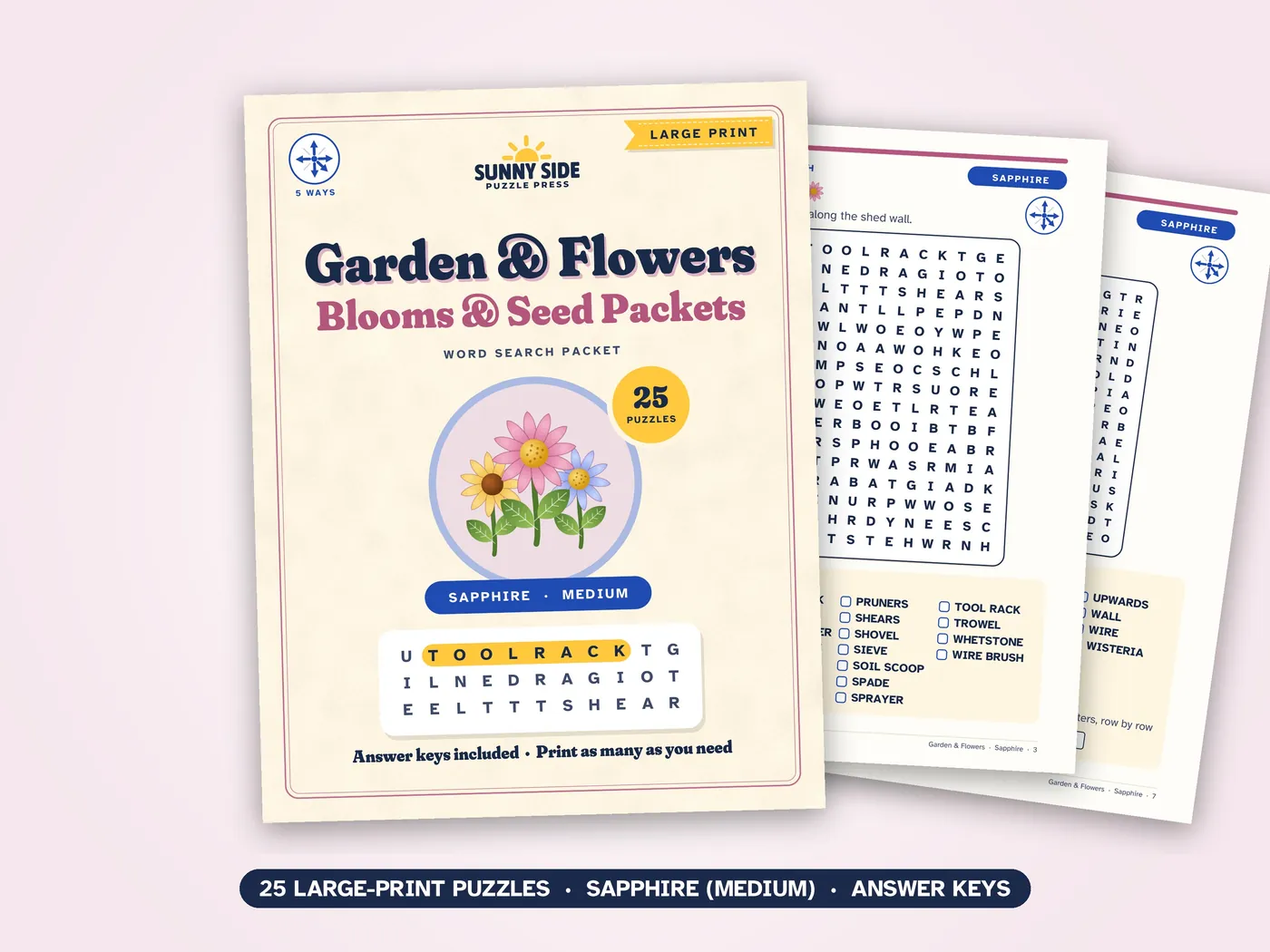The Garden & Flowers packet, Sapphire level: its cover and two of its puzzle pages.