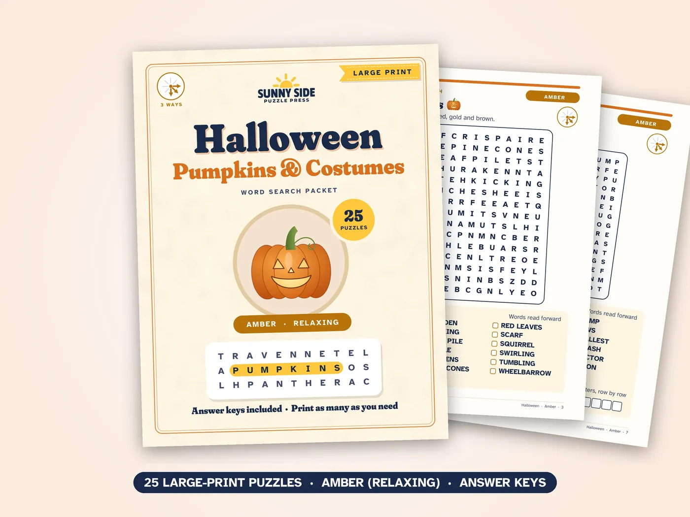 The Halloween packet, Amber level: its cover and two of its puzzle pages.