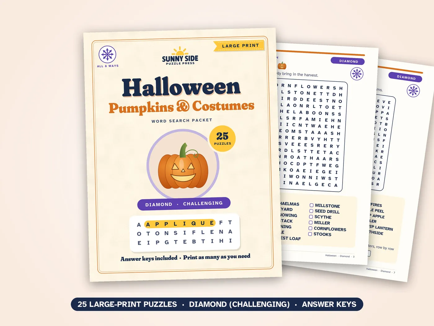 The Halloween packet, Diamond level: its cover and two of its puzzle pages.