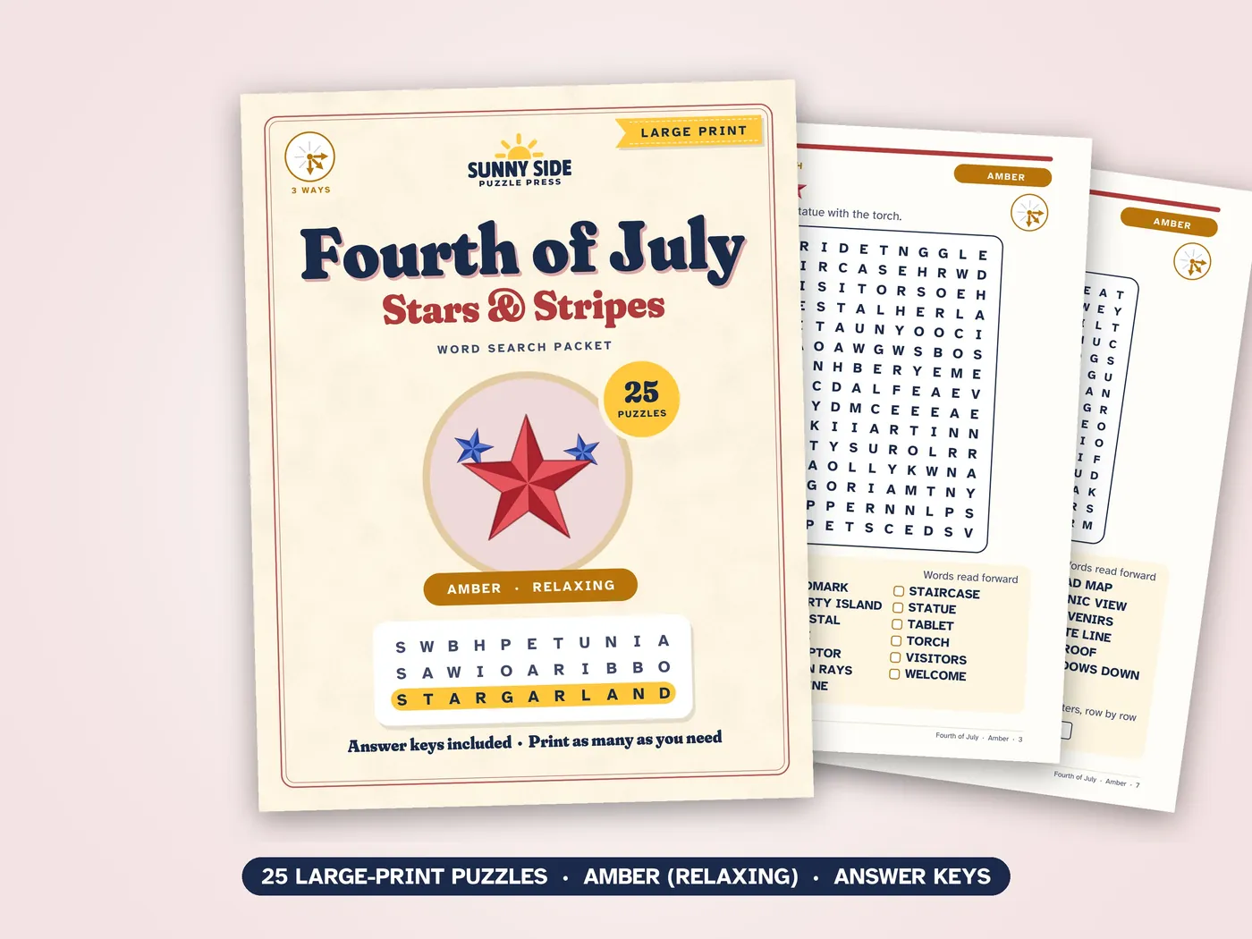 The Fourth of July packet, Amber level: its cover and two of its puzzle pages.