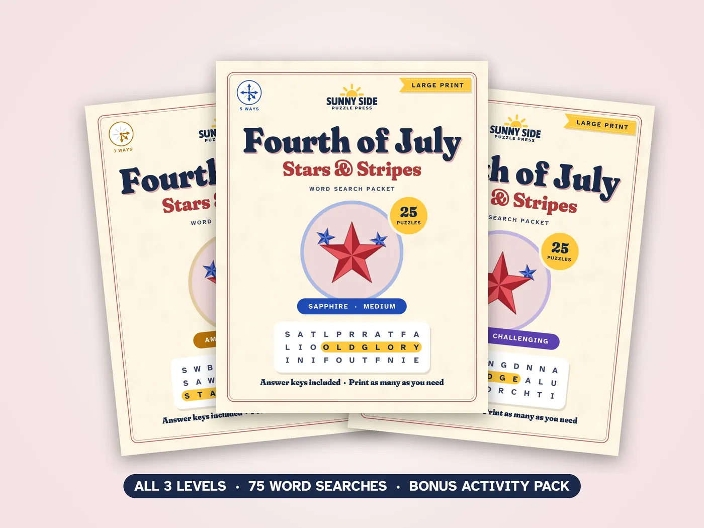 The three Fourth of July packets, Amber, Sapphire and Diamond, side by side.