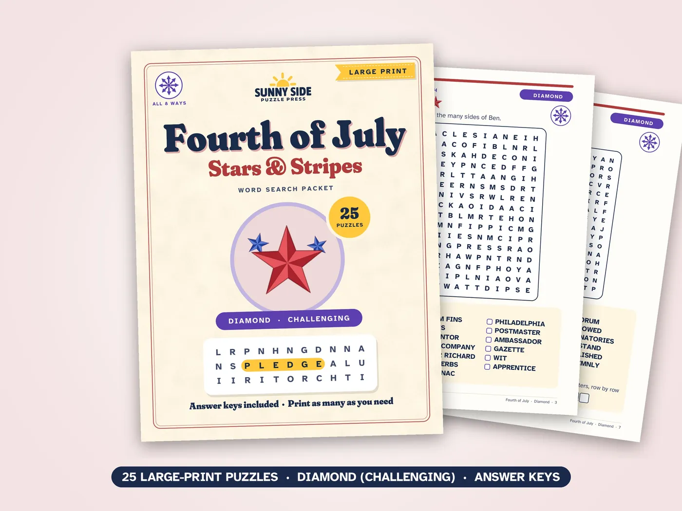 The Fourth of July packet, Diamond level: its cover and two of its puzzle pages.