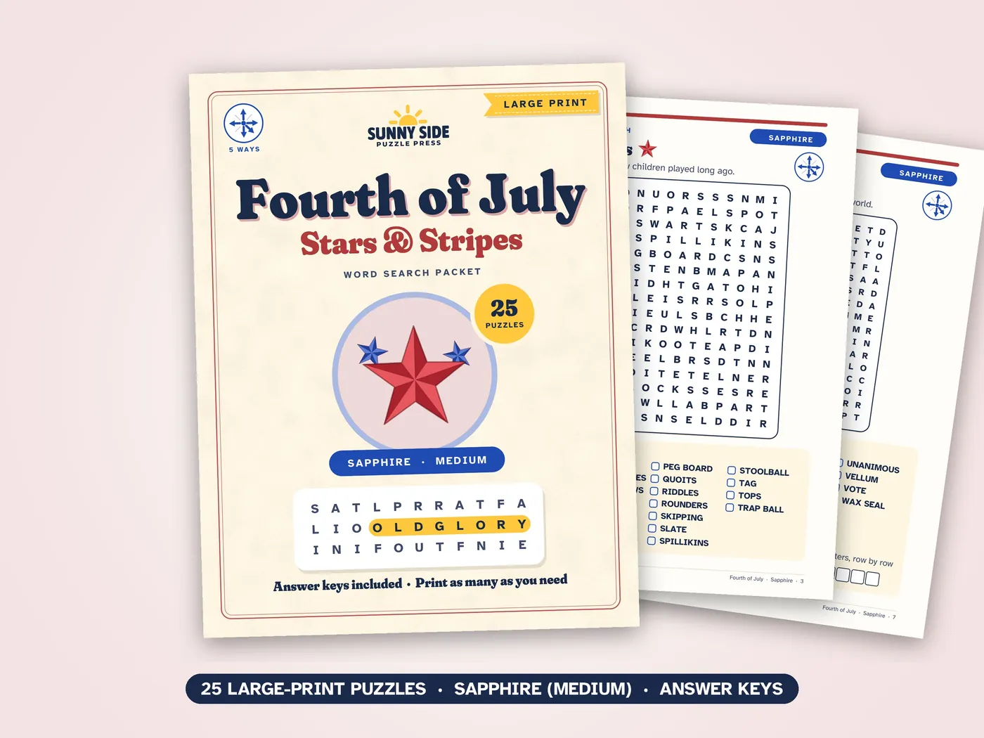 The Fourth of July packet, Sapphire level: its cover and two of its puzzle pages.
