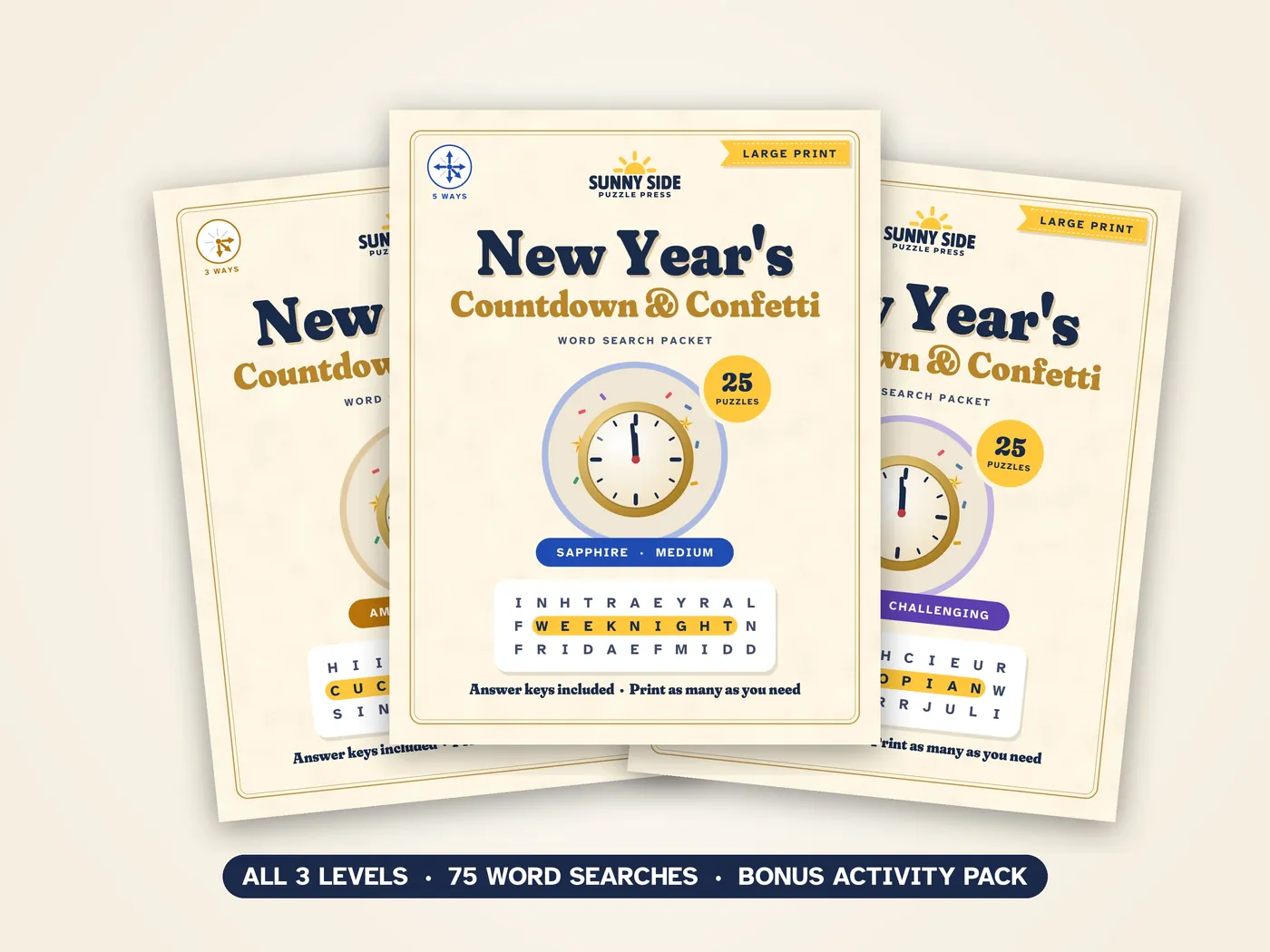 The three New Year's packets, Amber, Sapphire and Diamond, side by side.