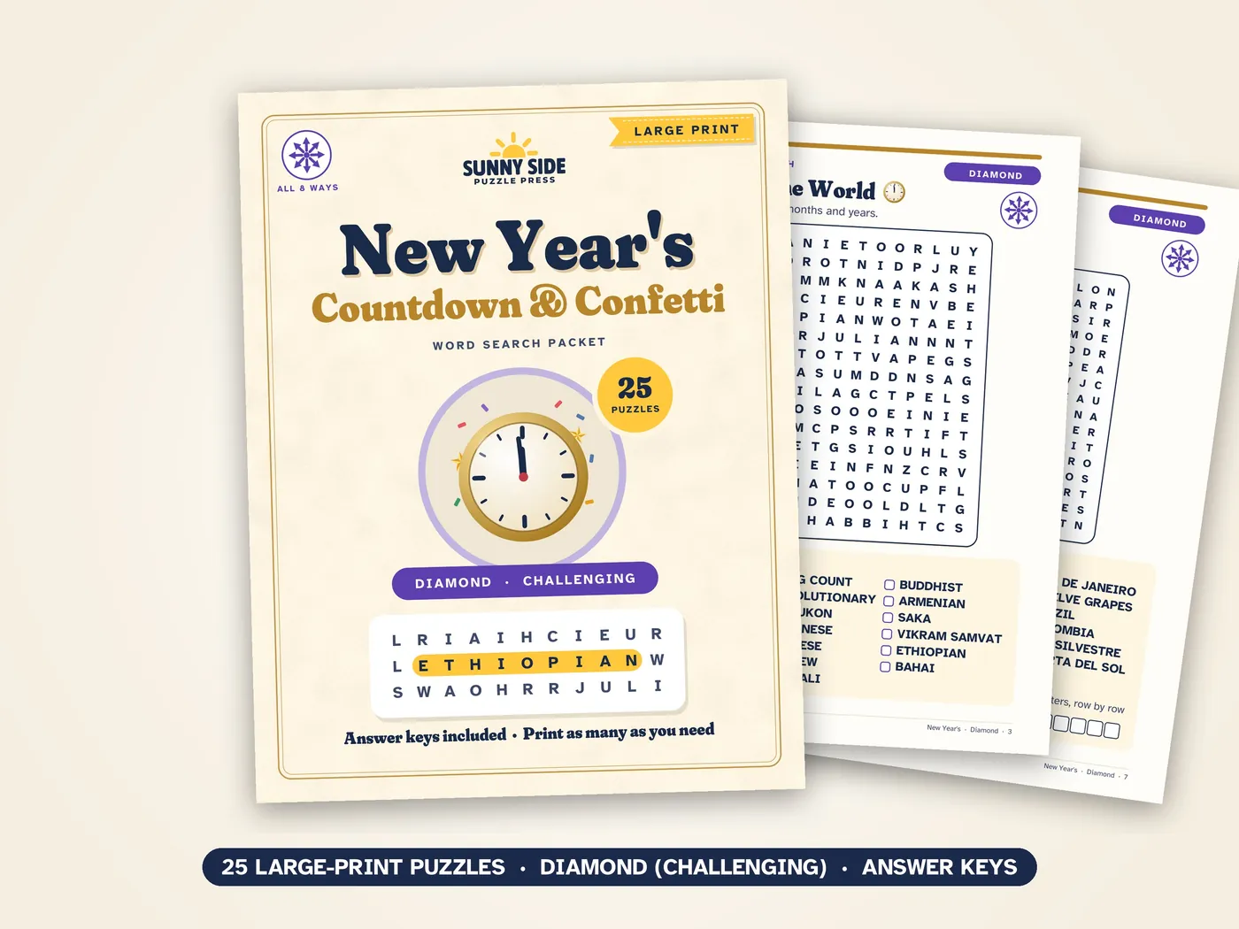 The New Year's packet, Diamond level: its cover and two of its puzzle pages.