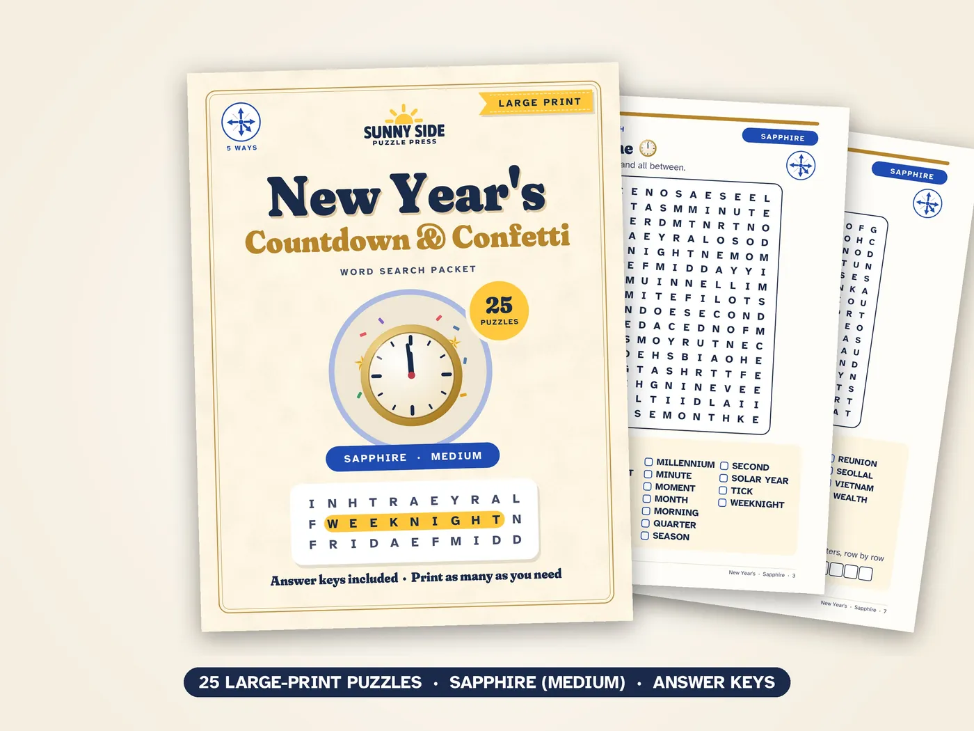 The New Year's packet, Sapphire level: its cover and two of its puzzle pages.