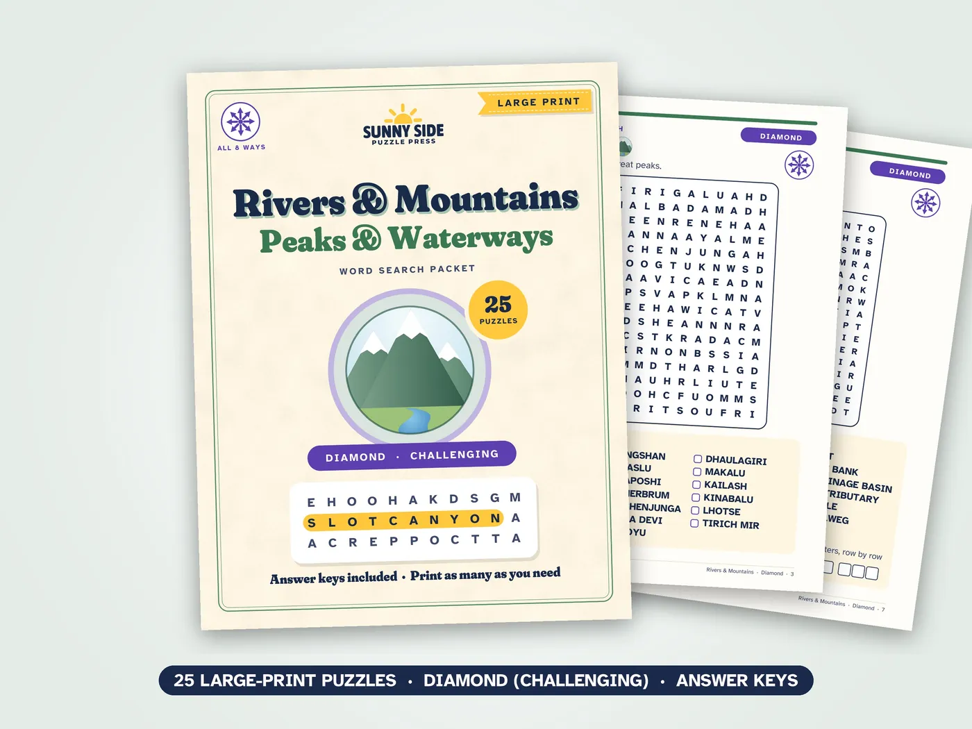 The Rivers & Mountains packet, Diamond level: its cover and two of its puzzle pages.