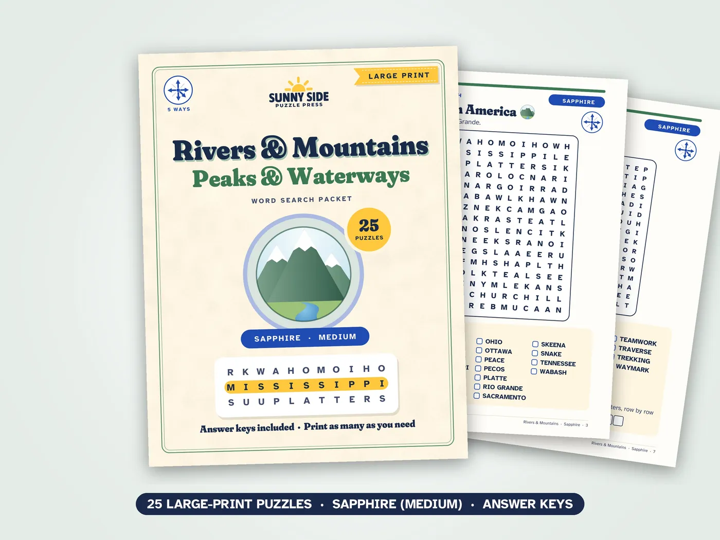The Rivers & Mountains packet, Sapphire level: its cover and two of its puzzle pages.