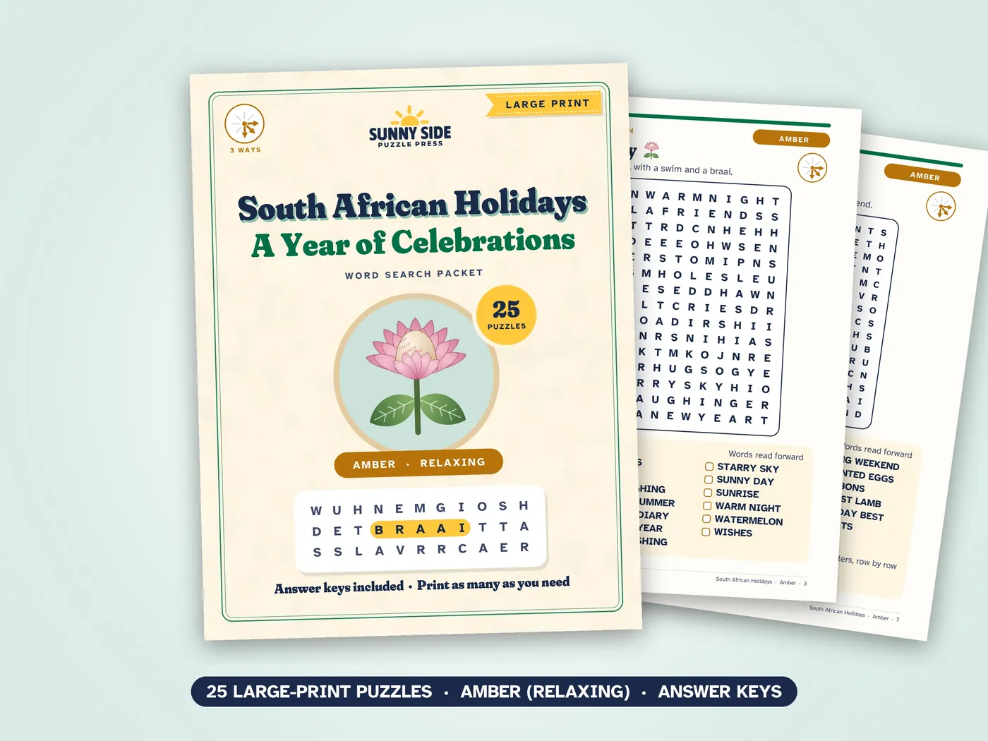 The South African Holidays packet, Amber level: its cover and two of its puzzle pages.