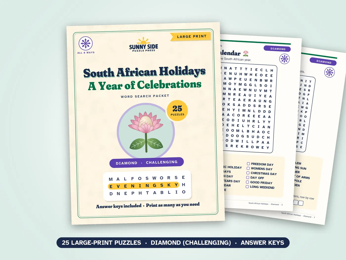 The South African Holidays packet, Diamond level: its cover and two of its puzzle pages.