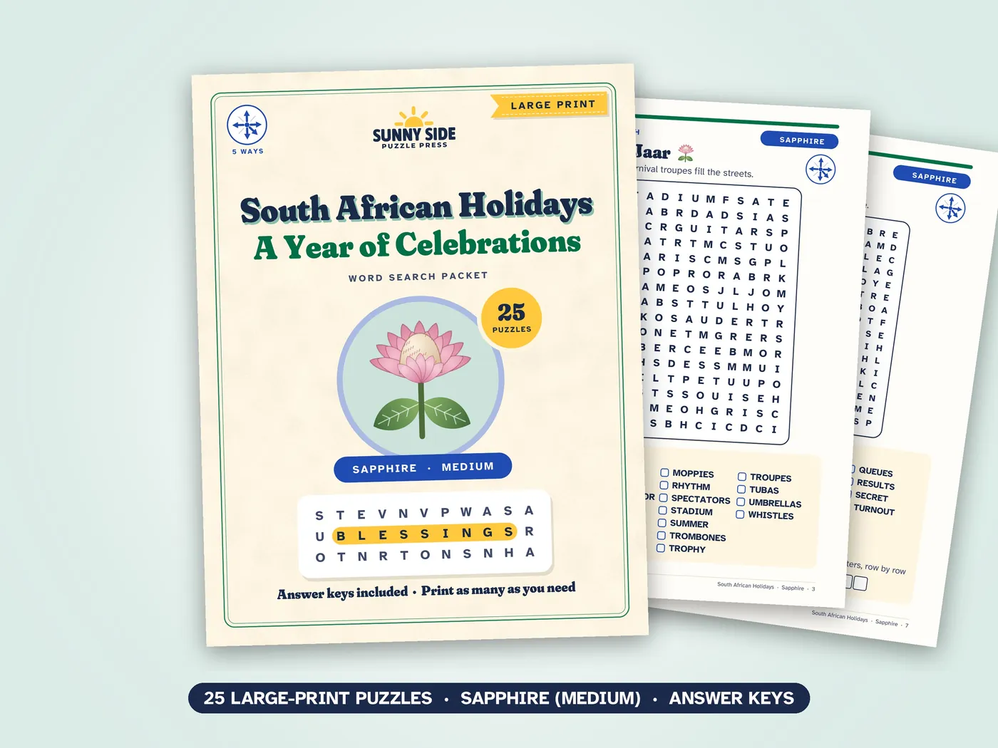 The South African Holidays packet, Sapphire level: its cover and two of its puzzle pages.