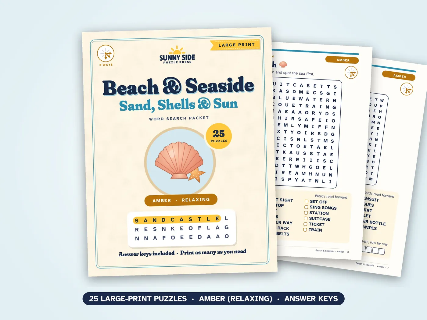 The Beach & Seaside packet, Amber level: its cover and two of its puzzle pages.