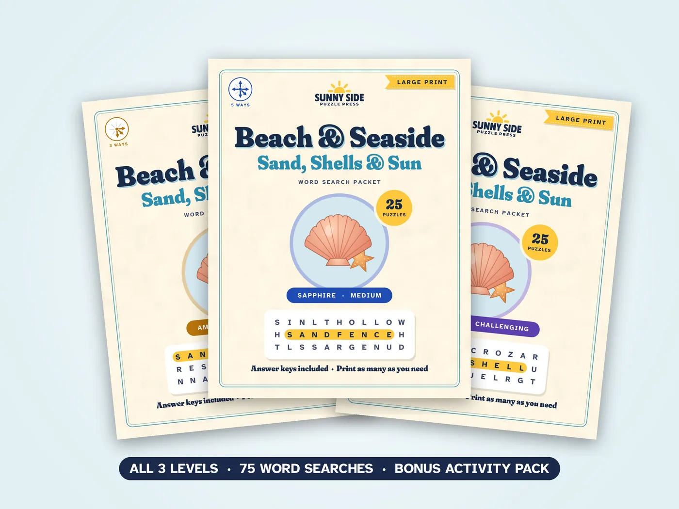 The three Beach & Seaside packets, Amber, Sapphire and Diamond, side by side.