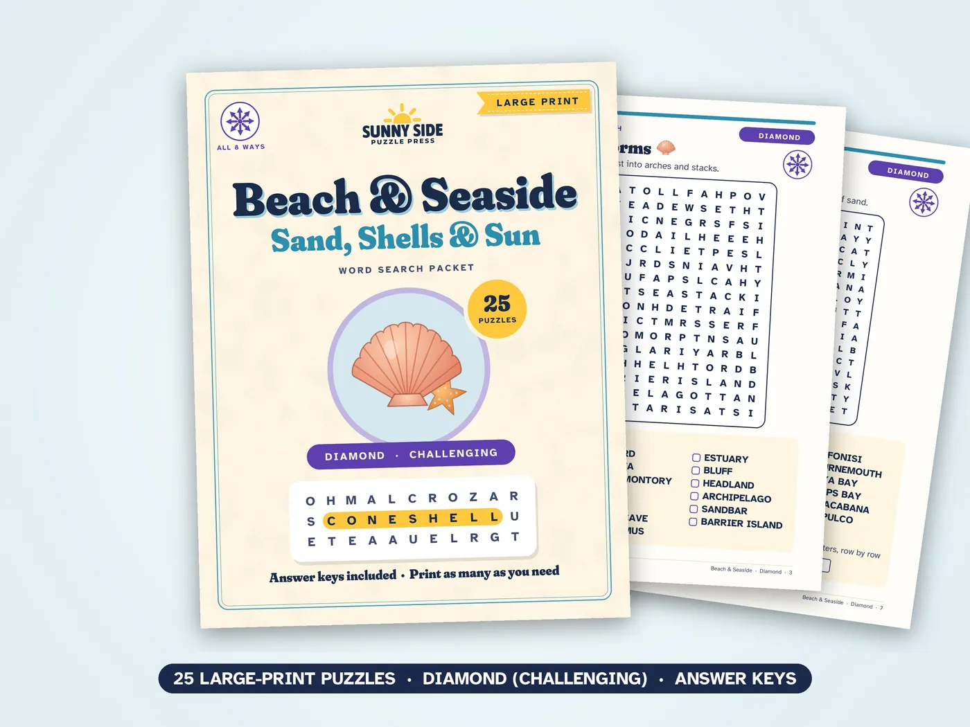 The Beach & Seaside packet, Diamond level: its cover and two of its puzzle pages.