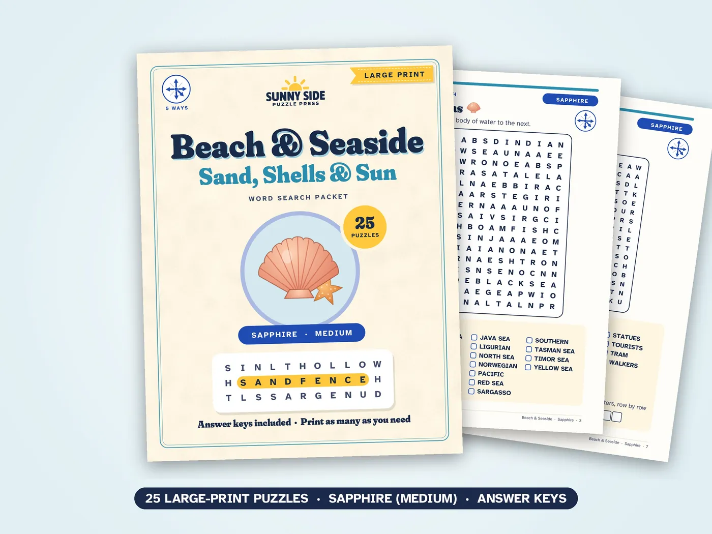The Beach & Seaside packet, Sapphire level: its cover and two of its puzzle pages.