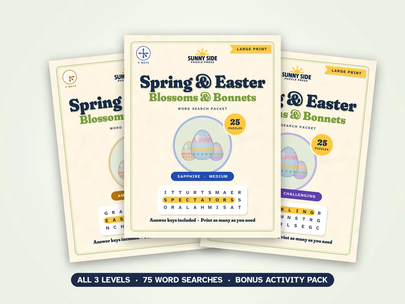 The three Spring & Easter packets, Amber, Sapphire and Diamond, side by side.