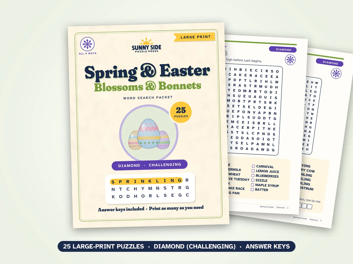 The Spring & Easter packet, Diamond level: its cover and two of its puzzle pages.