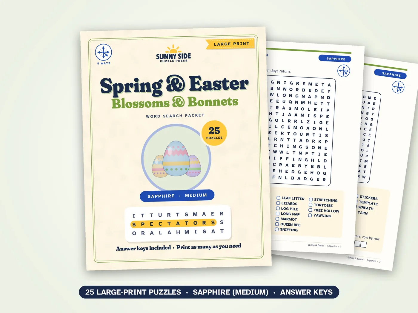 The Spring & Easter packet, Sapphire level: its cover and two of its puzzle pages.