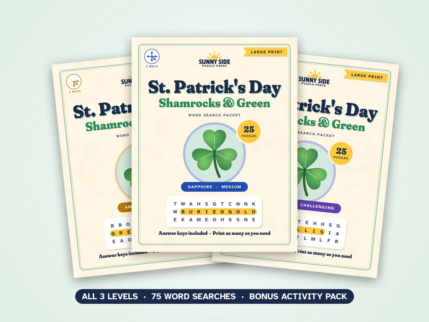The three St. Patrick's Day packets, Amber, Sapphire and Diamond, side by side.