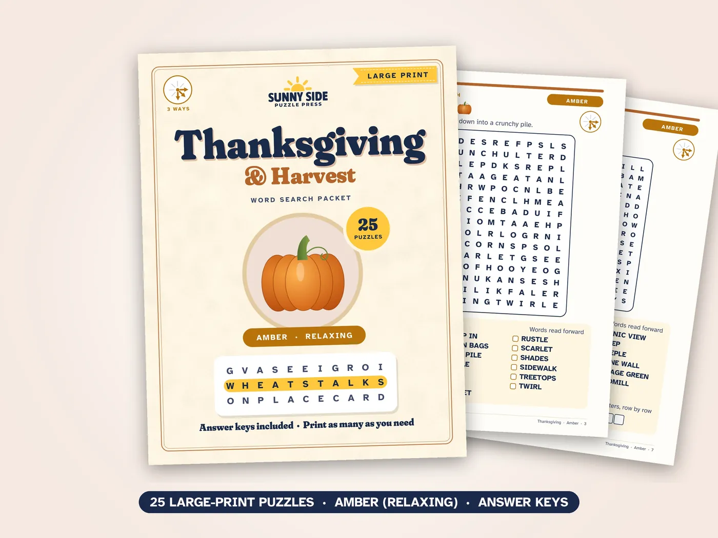 The Thanksgiving & Harvest packet, Amber level: its cover and two of its puzzle pages.