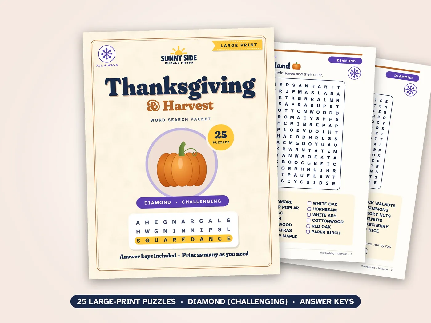 The Thanksgiving & Harvest packet, Diamond level: its cover and two of its puzzle pages.