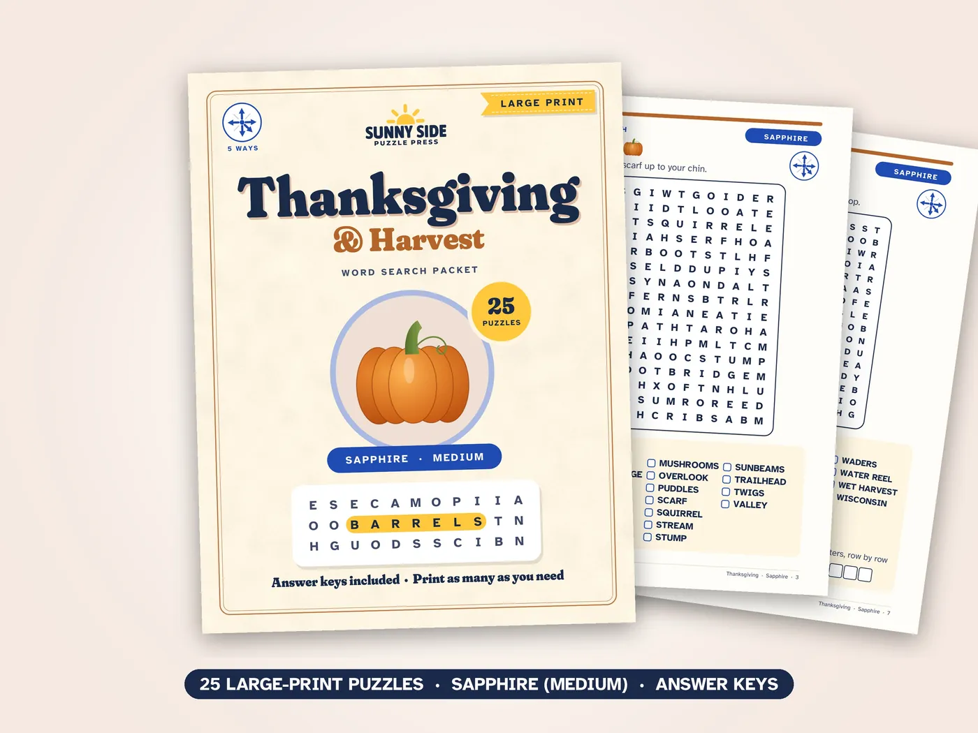 The Thanksgiving & Harvest packet, Sapphire level: its cover and two of its puzzle pages.