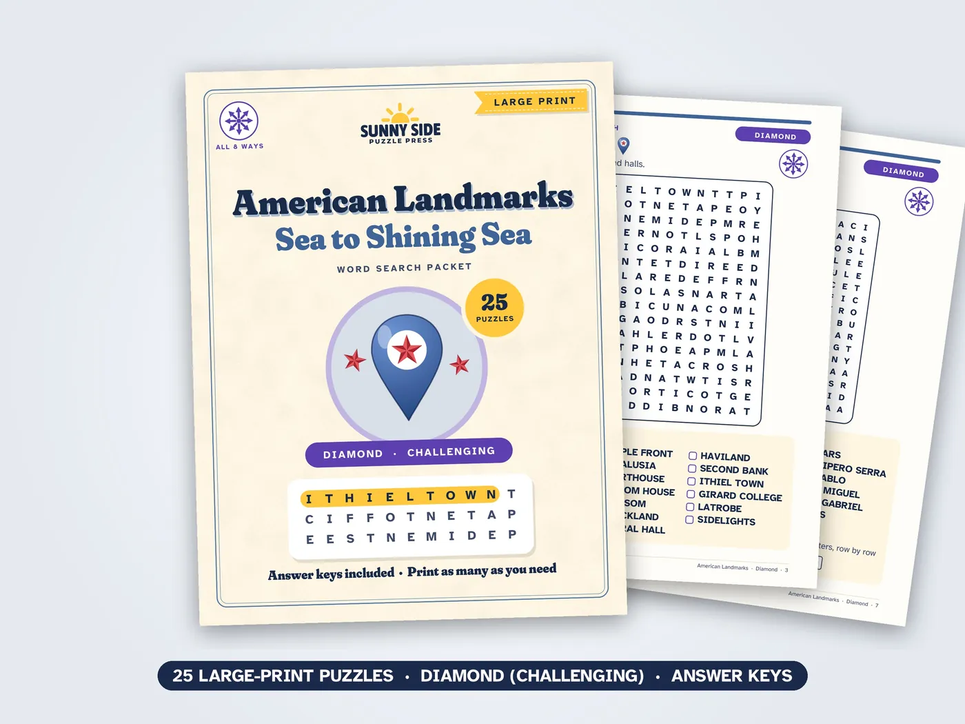 The American Landmarks packet, Diamond level: its cover and two of its puzzle pages.