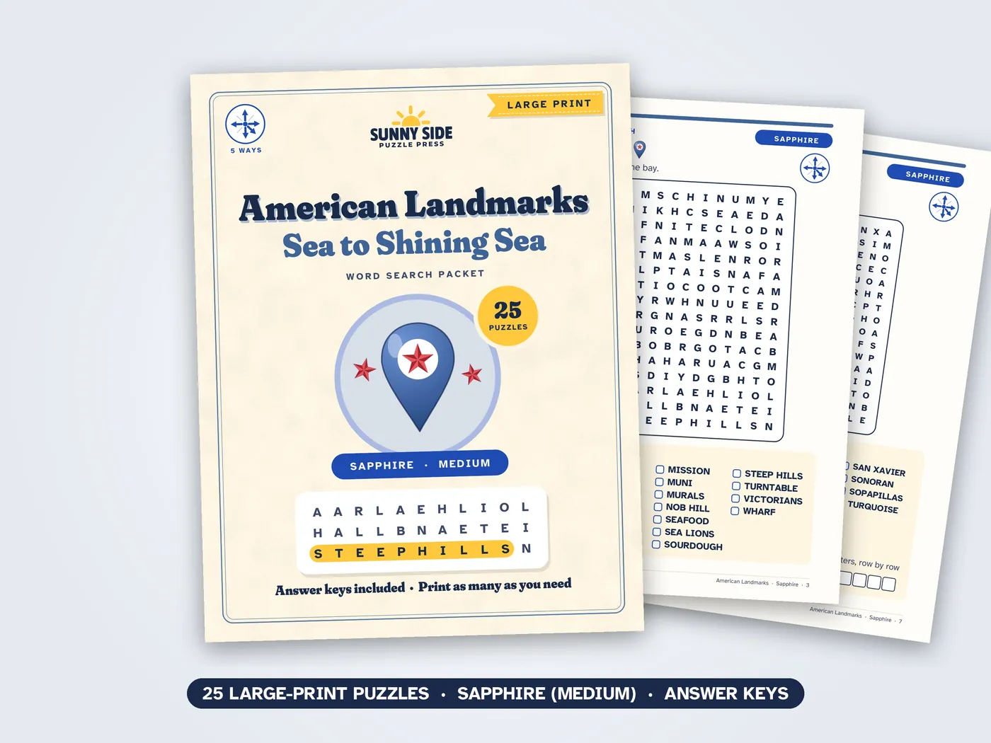 The American Landmarks packet, Sapphire level: its cover and two of its puzzle pages.