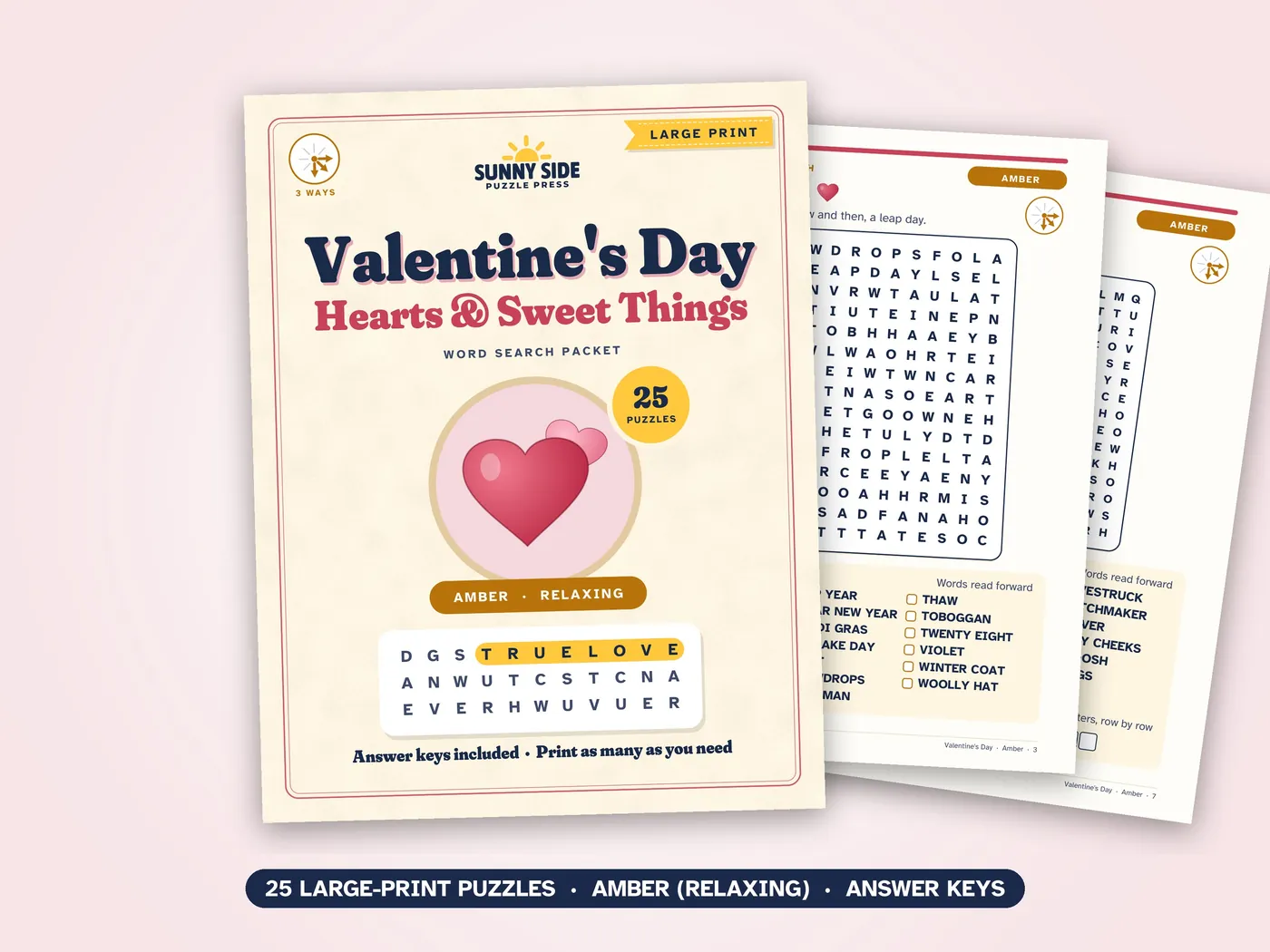 The Valentine's Day packet, Amber level: its cover and two of its puzzle pages.