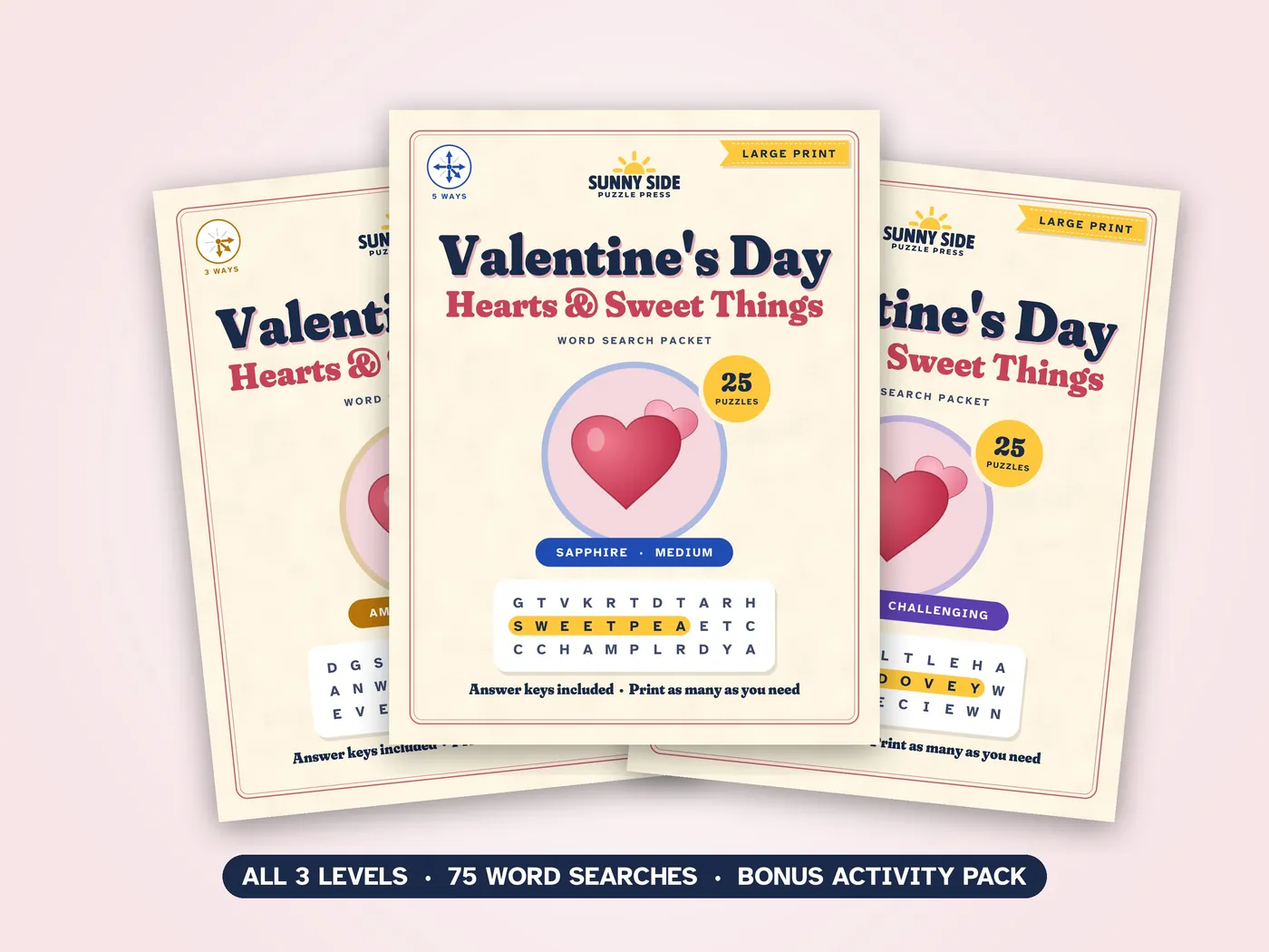 The three Valentine's Day packets, Amber, Sapphire and Diamond, side by side.