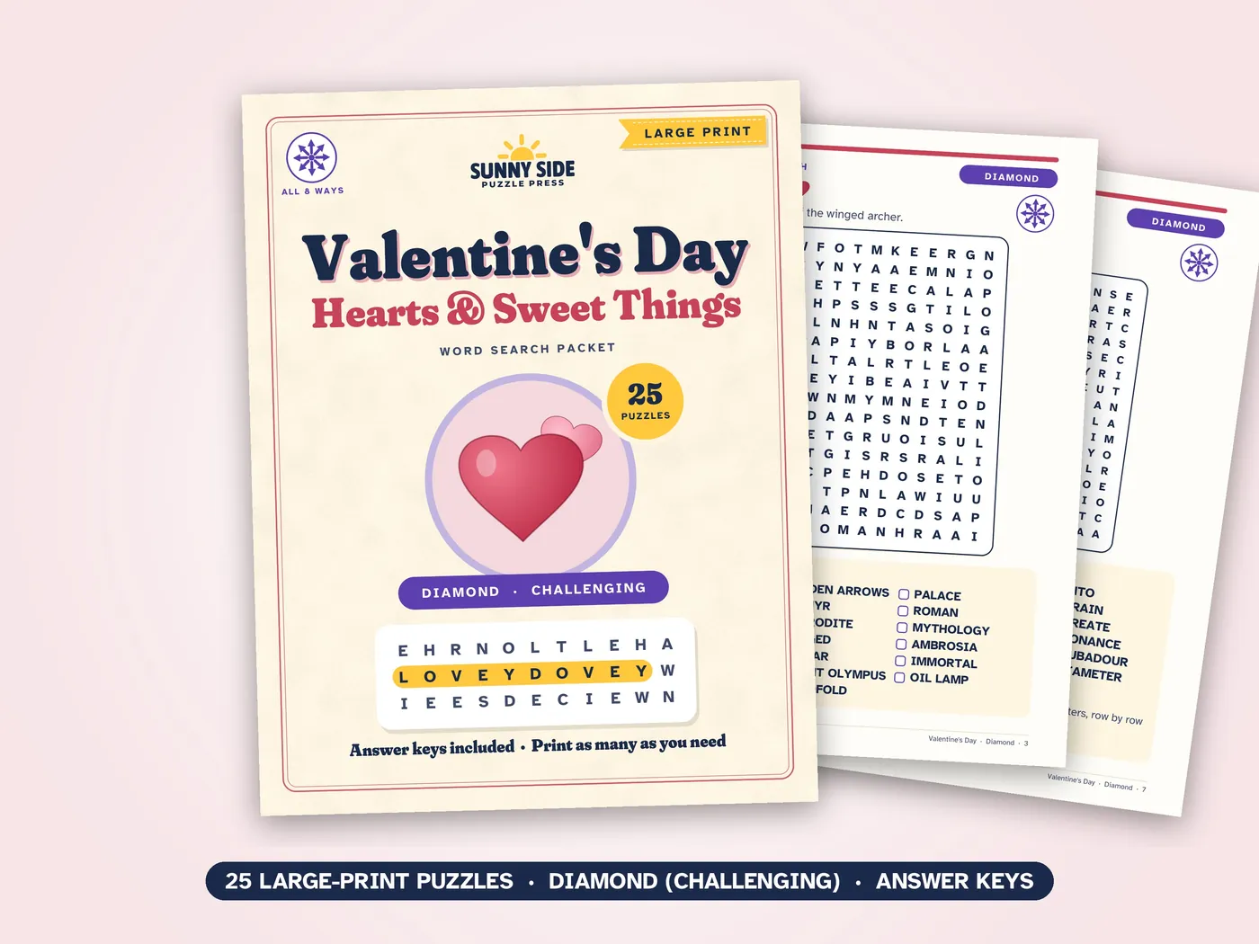 The Valentine's Day packet, Diamond level: its cover and two of its puzzle pages.