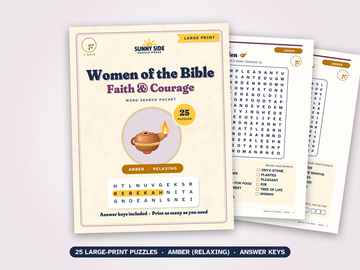 The Women of the Bible packet, Amber level: its cover and two of its puzzle pages.