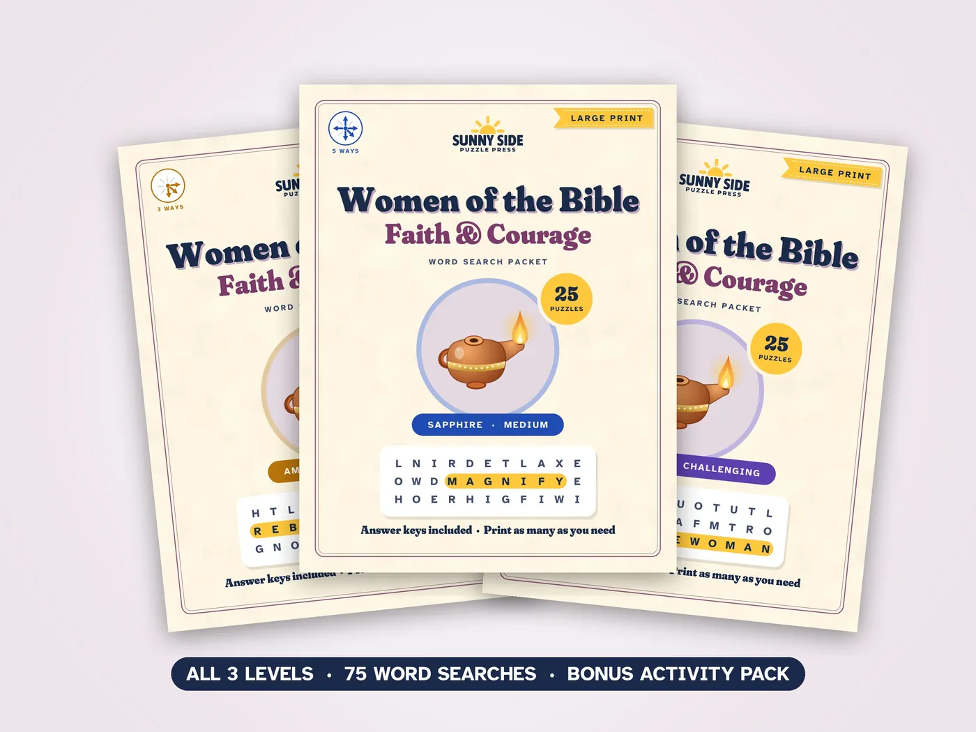 The three Women of the Bible packets, Amber, Sapphire and Diamond, side by side.