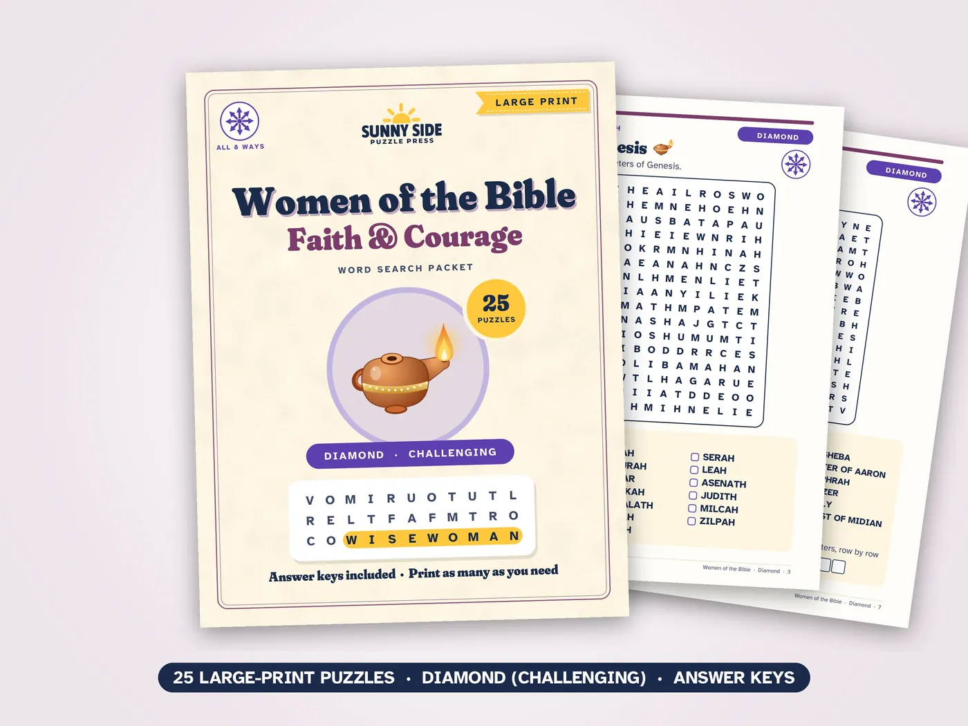 The Women of the Bible packet, Diamond level: its cover and two of its puzzle pages.