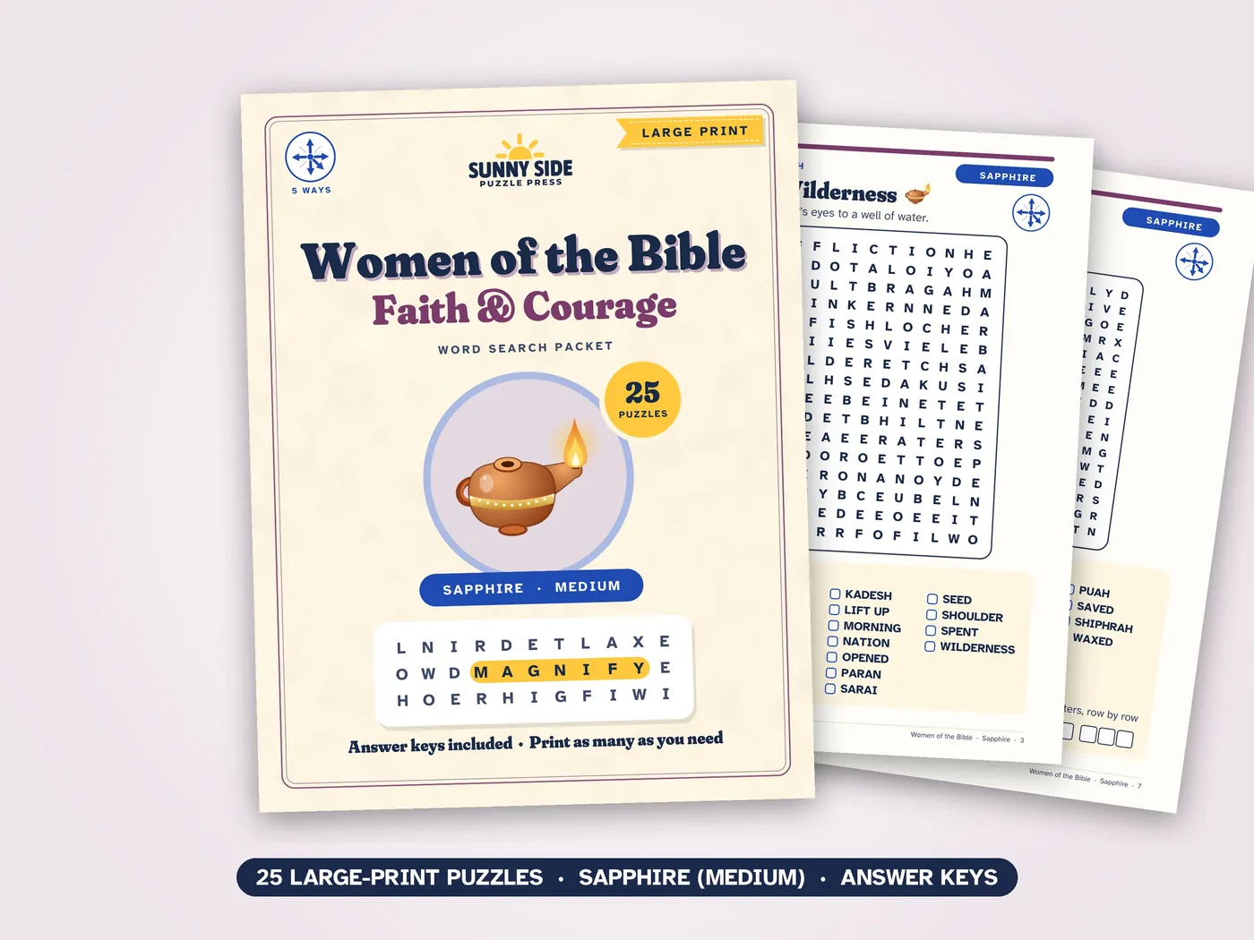 The Women of the Bible packet, Sapphire level: its cover and two of its puzzle pages.