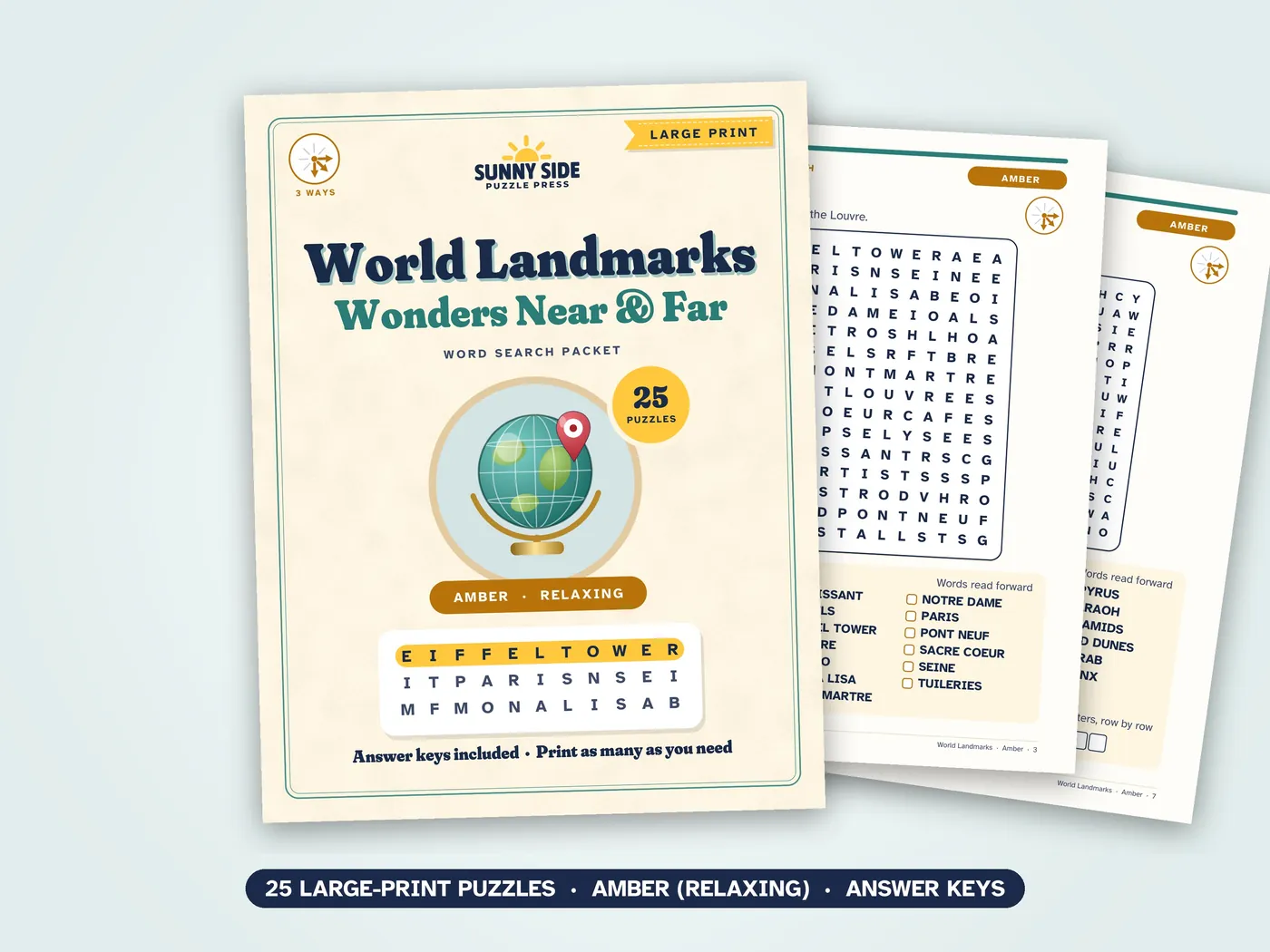 The World Landmarks packet, Amber level: its cover and two of its puzzle pages.